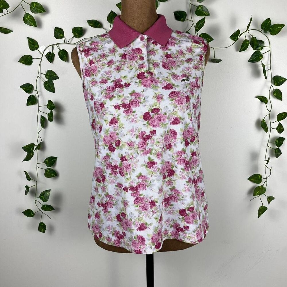 Crocodile Ladies white & pink floral polo tank tennis top pink collar sleeveless